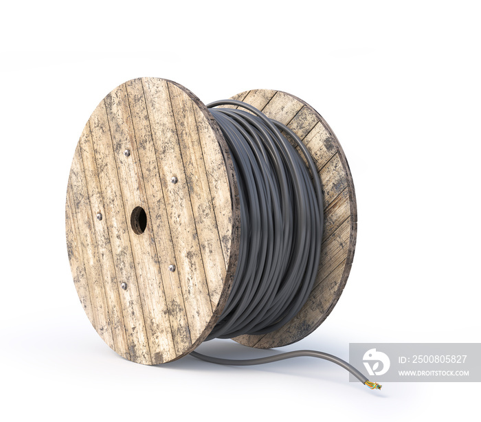 Wooden coil with cable on a white background. 3d illustration