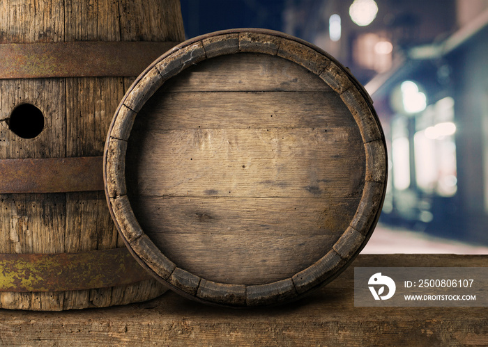 Background of Barrel and Worn Old Table of Wood