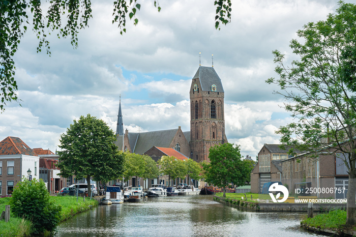 View of the old town of Oudewater with Gothic hall church called  Grote of Sint-Michaëlskerk .