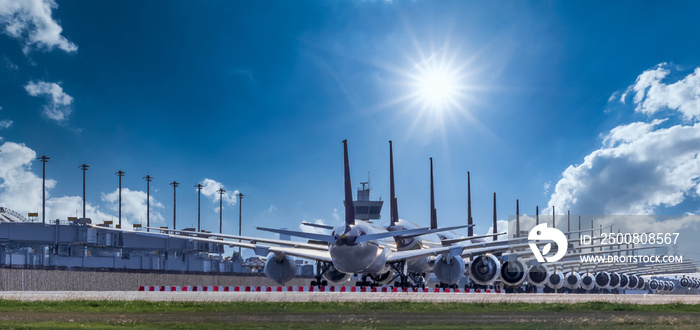 Commercial airplane parking at the airport are stopped effect by covid-19 pandemic around the world economic down crisis, Airplanes are parking at maintenance area because of COVID-19 travel alert