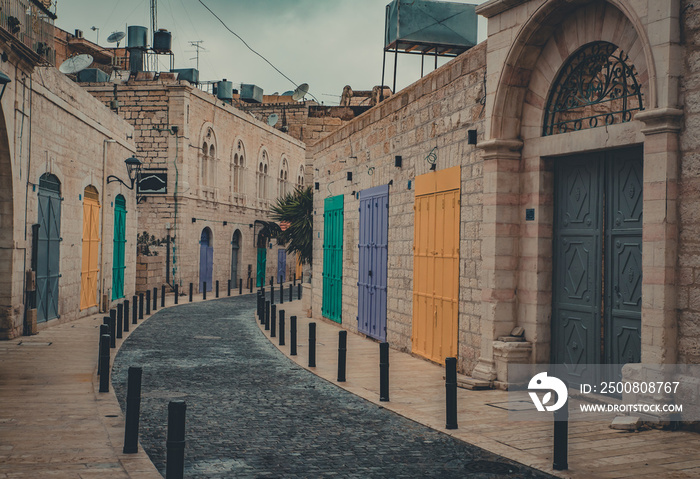 Bethlehem street of old Palestine shopping market. Al Nejmeh Street (La Calle Estrella) old historical stones