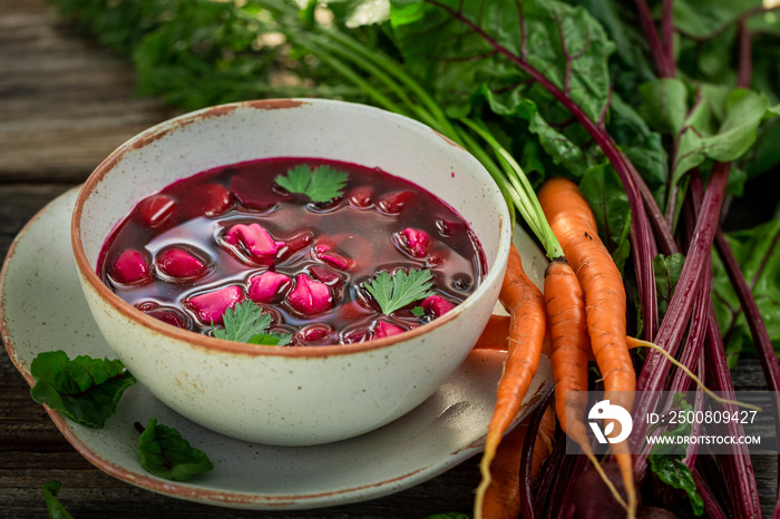 Delicious and hot beetroot soup made of fresh beetroots