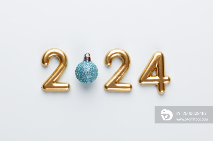 New year 2024 number, golden digits and santa hat over blue background.