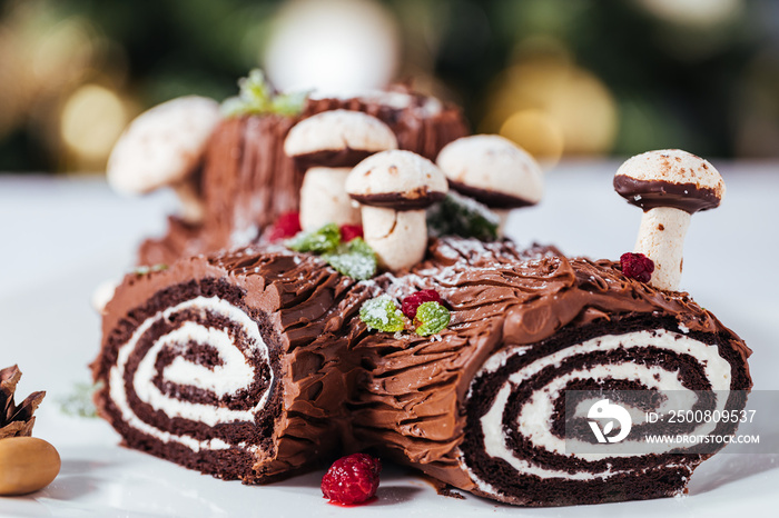 French dessert called Yule log or bûche de Noël with merengue mushrooms and mint leaves on top of chocolate glazing. Placed in front of Christmas tree. Decorated for Christmas Holidays or New year