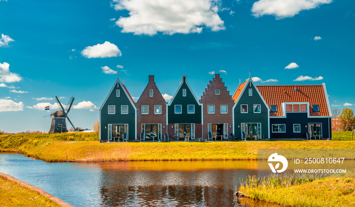 Volendam homes on a sunny spring day, The Netherlands.