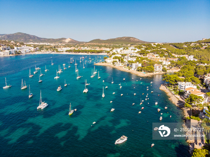 Aerial view, view of the bay of Santa Ponsa with sailing yachts, Santa Ponca, Mallorca, Balearic Islands, Spain