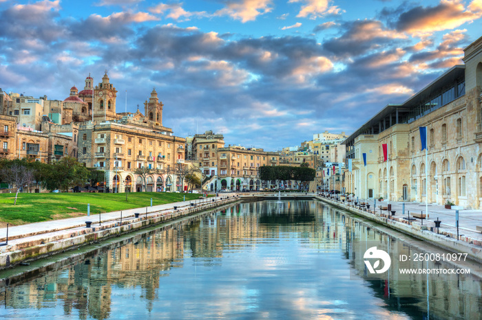 Beautiful architecture of the Birgu town at sunset, Malta