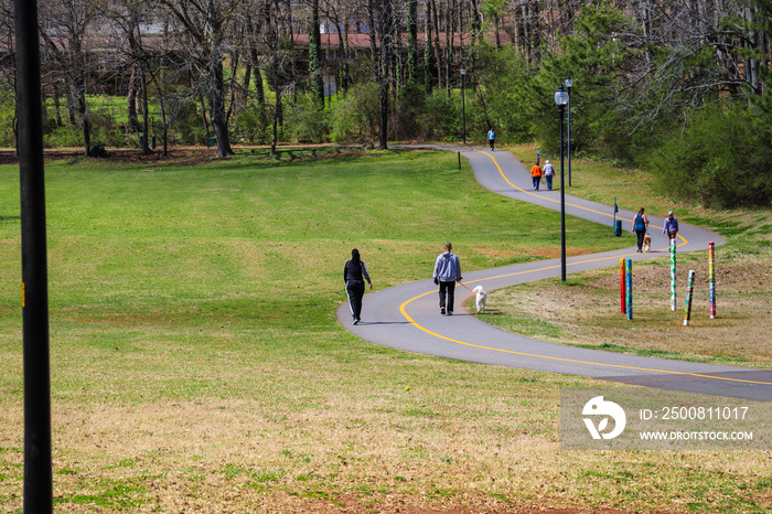 a long winding footpath with a yellow line in the park surrounded by lush green grass, tall black light posts with people walking along the path with bare winter trees at Swift Cantrell Park Kennesaw