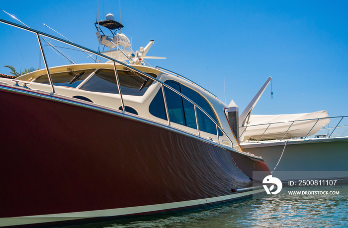 Detail of a Luxurious Yacht in Newport Beach Harbor against a clear blue sky