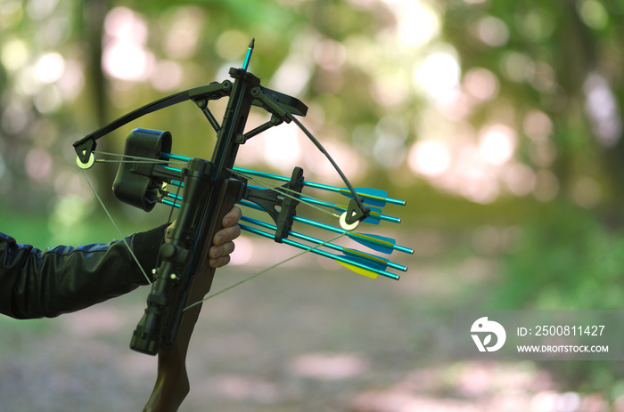 Hand holding crossbow, in the nature