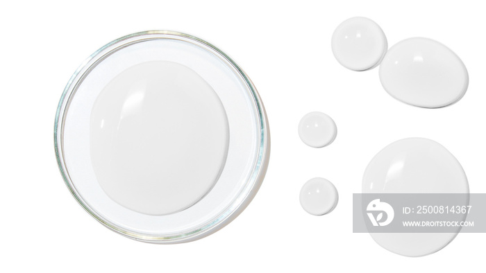 Petri dish. large drops of transparent gel or serum or water, on a white background, top view, isolated