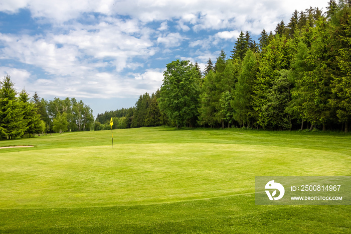 Golf green with flag in spring nature under blue sky