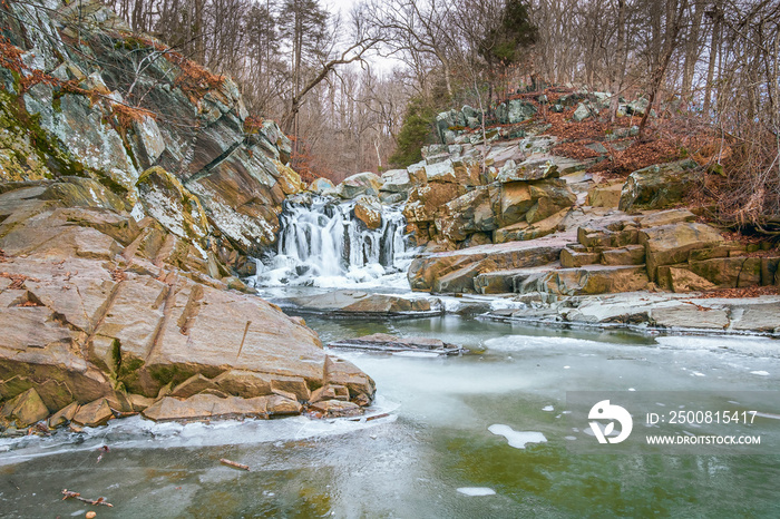 Frozen Scott’s Run waterfall.Scott’s Run Nature Preserve.Fairfax County.Virginia.USA