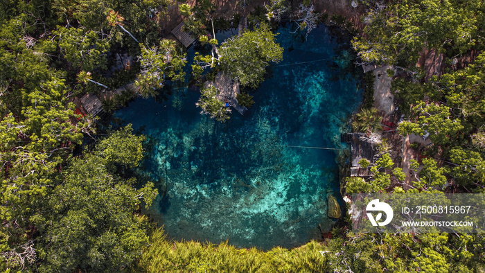 Cenote paradise’s heart in the middle of the nature in Tulum, Mexico. Romantic concept in the middle of the nature. Clear water so you can see the depth. Empty cenote , no a single person on it.
