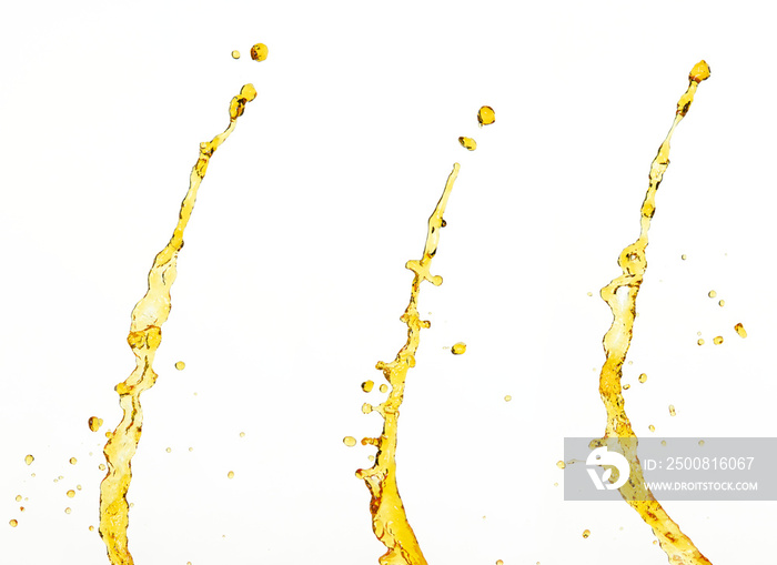 Orange, lemon juice or oil lubricant splash, liquid gold yellow drink drops. Fruit beverage water elements in line form . Fresh splashing and flowing jets, white background isolated freeze motion