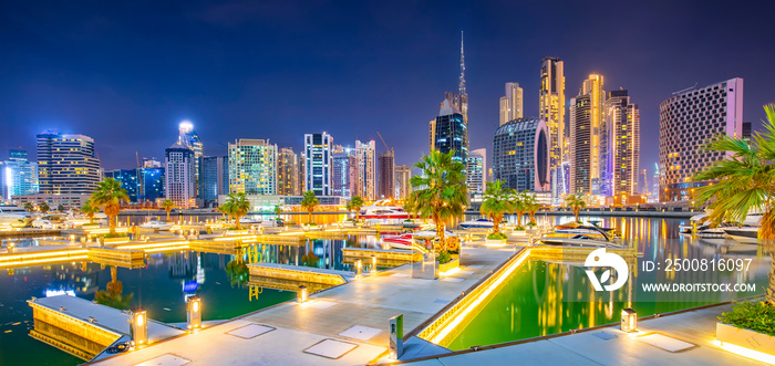 Dubai Business Bay skyline at night, UAE