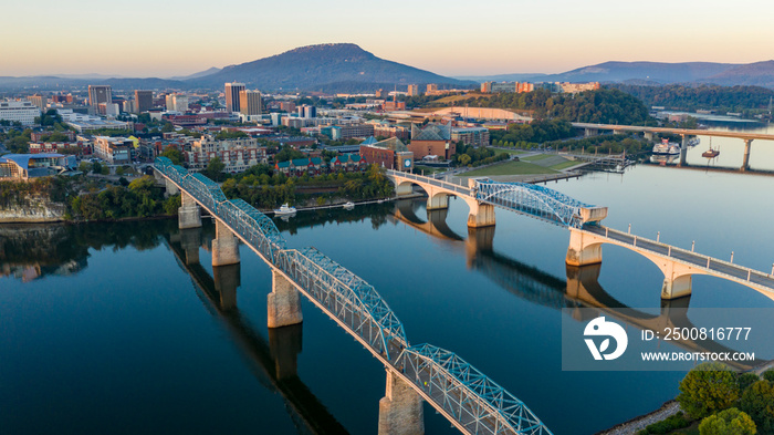 Dawn Light hits Lookout Mountain with Smooth Water Flowing in Chatanooga Tennessee