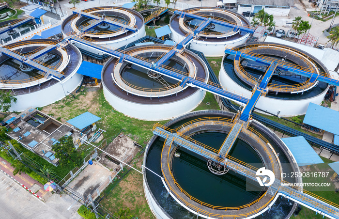 Aerial Drone view top up from clarifier sedimentation tank. Aerial view Water treatment plant.