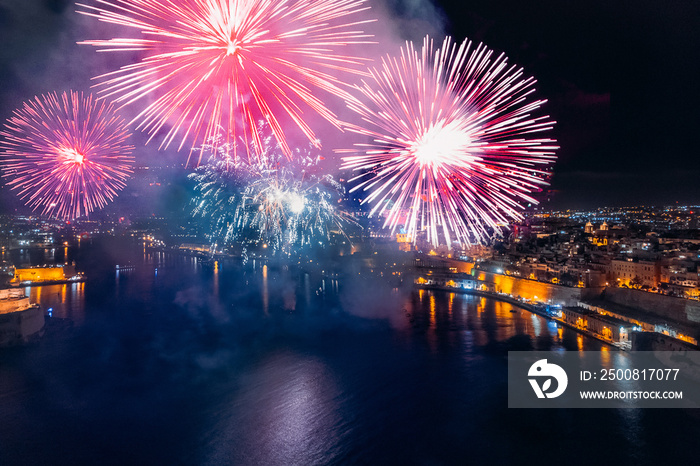 Malta Festival of fireworks in Valletta. Travel concept. Aerial photo