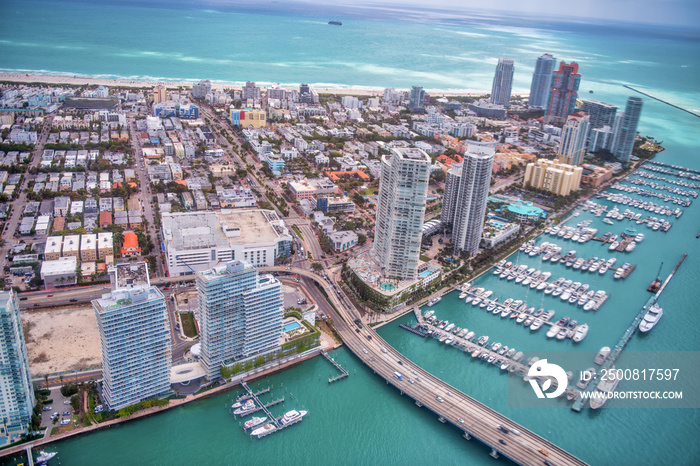 South Pointe Park and Miami Beach Skyscrapers, aerial view. Miami, Florida