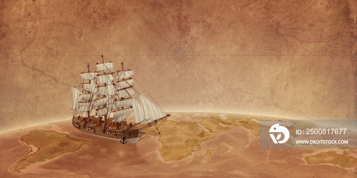 Ship on globe concept with old map paper in the background. Travel through the ocean. Free space for text.