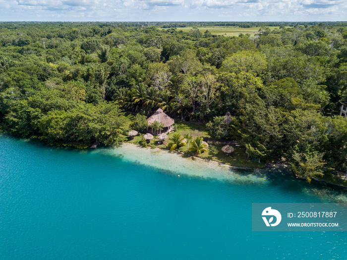 Ariel view of a private beach in Bacalar Mexico.