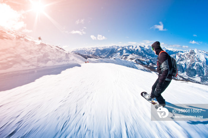 snowboarder riding fast, motion blur, fisheye shot