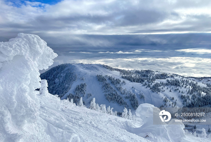 Idyllic shot of the empty groomed slopes of a tourist resort in snowy Krvavec.