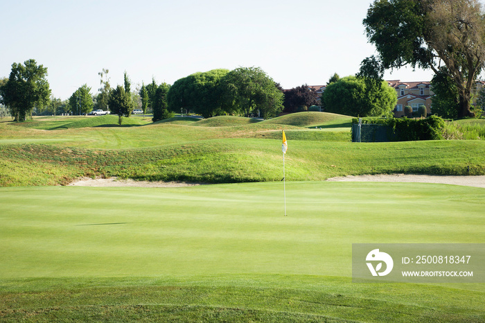 Golf course green with flag pin