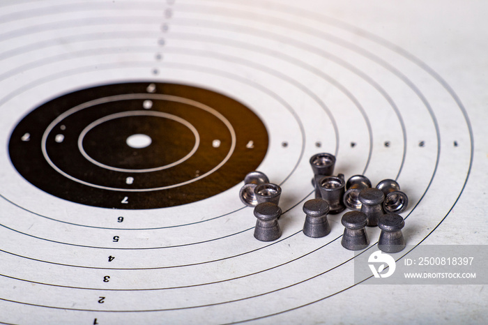 Paper target and lead shot for pneumatic weapons. Shooting accessories at the shooting range.