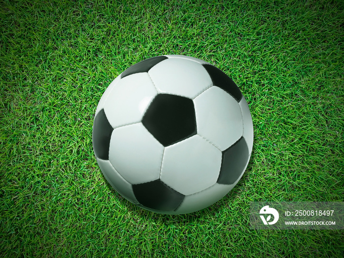 Traditional soccer ball on green grass, top view