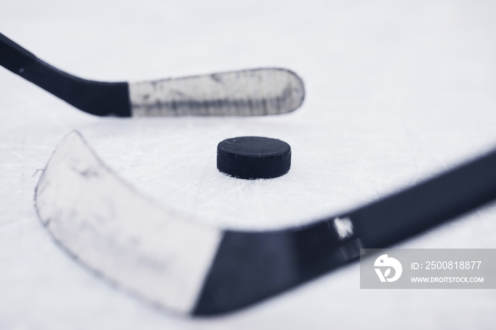 Close up background of two hockey clubs ready to start match on skating rink, copy space