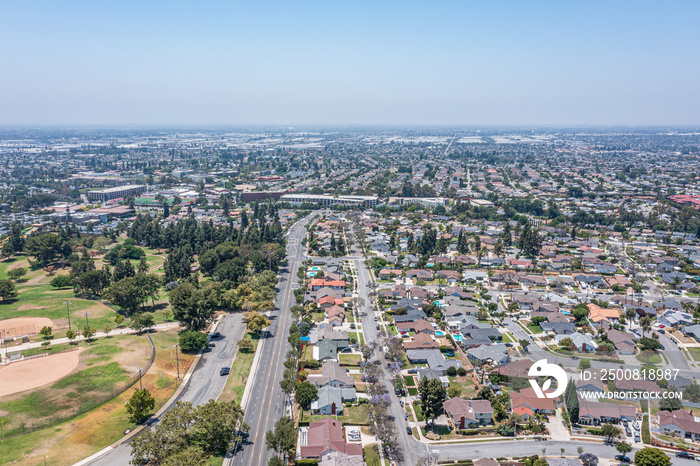 Aerial view of a southern California neighborhood next to a sports park.