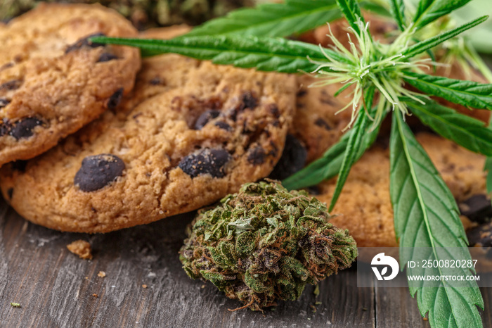 Cookies with cannabis and buds of marijuana on the table. A can of cannabis buds CBD Concept of cooking with cannabis herb. - Medical Legal Marijuana