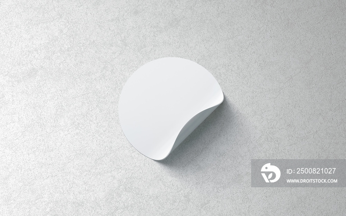 Blank white round adhesive sticker mockup on textured wall, 3d rendering. Empty circle tag with curved corners mock up. Clear sticky label on surface template for glass door or wall.