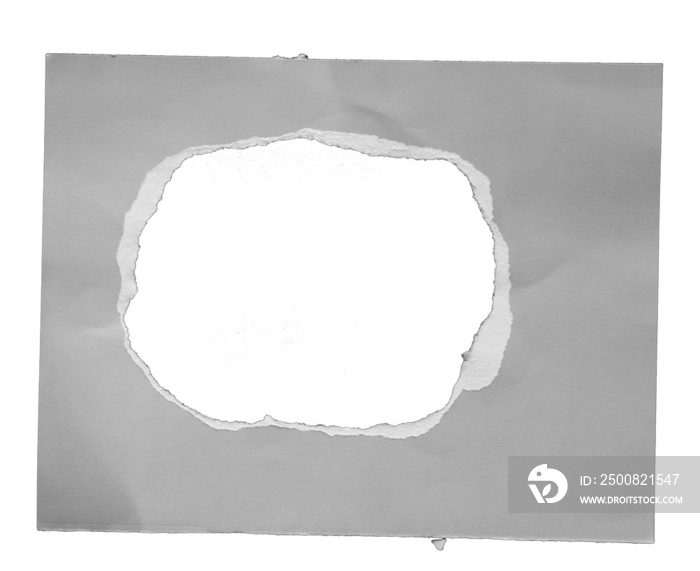 torn paper with the curled ripped sides. a round black hole of torn on the white paper. realistic torn paper with the ripped edges for copy space and text.