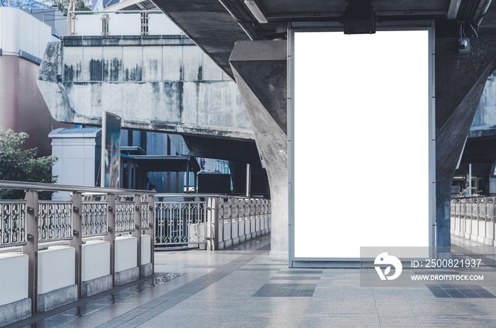 announcement billboard big blank white LED screen perspective vertical outstanding on skytrain platform side pathway to railway for display advertisement text template promotion new brand outdoor.