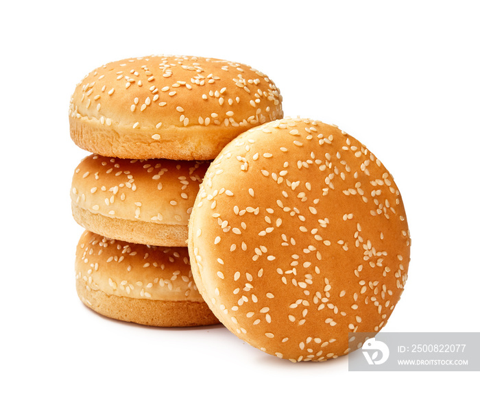 Four Hamburger buns with sesame isolated on white background