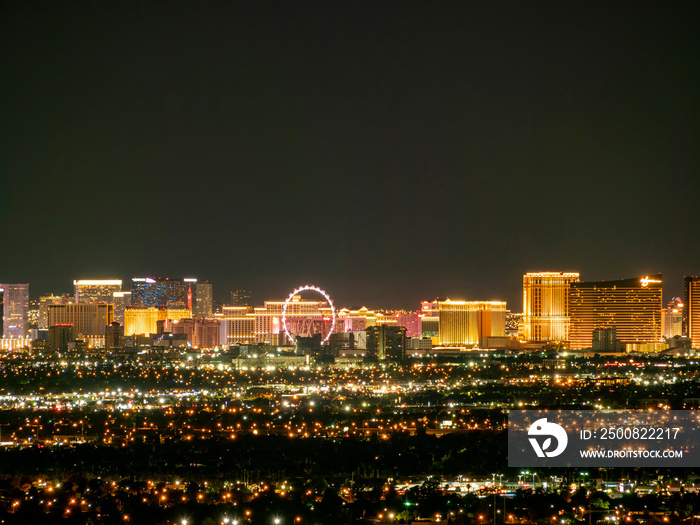 Night high angle view of the famous Las Vegas Strip and cityscape