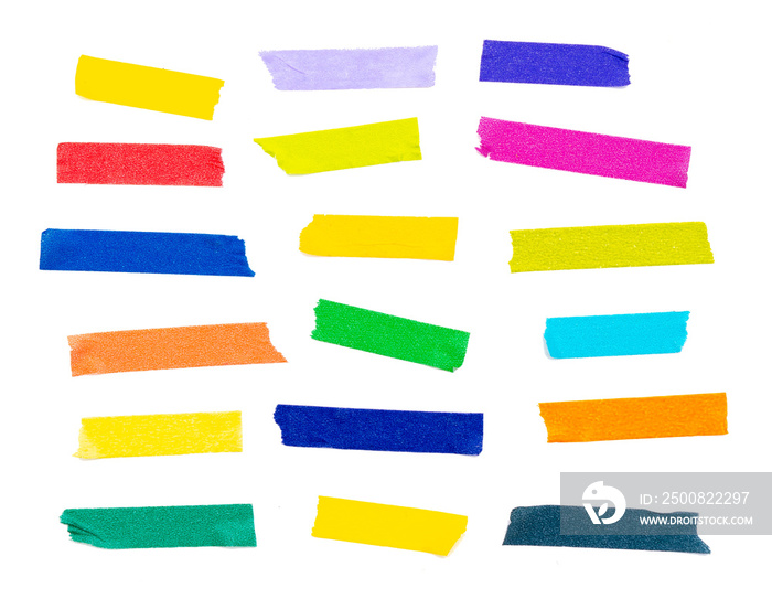 Collection of colorful adhesive tape pieces different size isolated on white background.