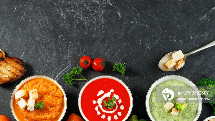 Three Bowl Vegetable Healthy Soup with Copy Space on Black Board Table.