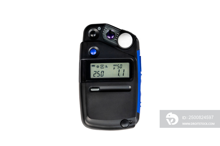 Compact and portable light meter for studio flash  photography isolated on white background.