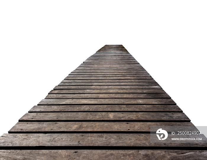 Old brown wooden bridge isolated on white background.