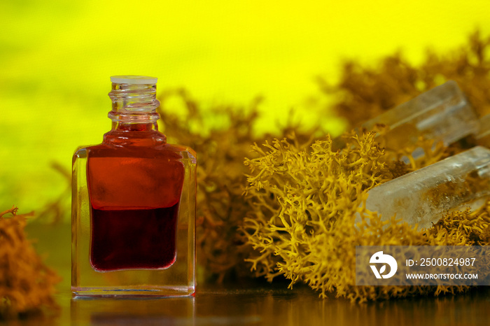 A bottle of aurasoma with the red essence and crystal on the moss background.