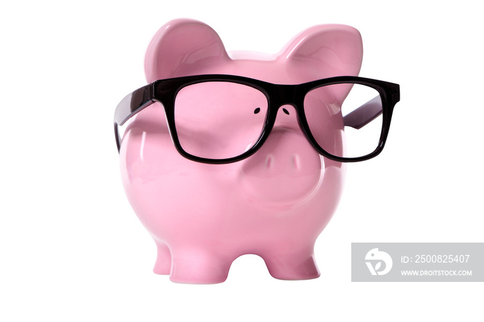 Piggybank wearing glasses college fund saving concept isolated transparent background photo PNG file