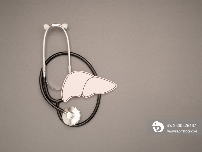 A stethoscope and liver shape made of paper are over a gray background