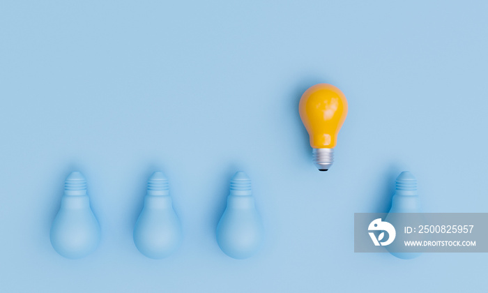 Yellow lightbulb up direction which different with blue lamp for different creative thinking idea concept by 3d render.