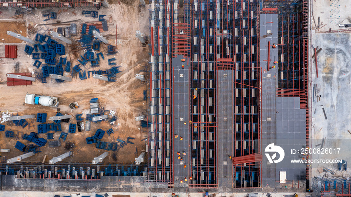 Aerial view construction site with tower crane and building construction site, Construction sites and many cranes and heavy construction working in the industry new building business.