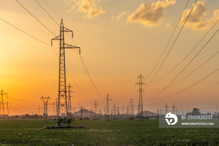 Sunset Landscape of High-voltage power lines in the land around city of Plovdiv, Bulgaria