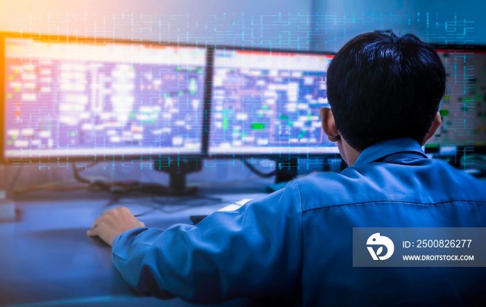 EngineeringLandscape of works with the tablet in the production control room.Control room of a steam Turbine,Generators of the coal-fired power plant for monitor process, business and industry concept